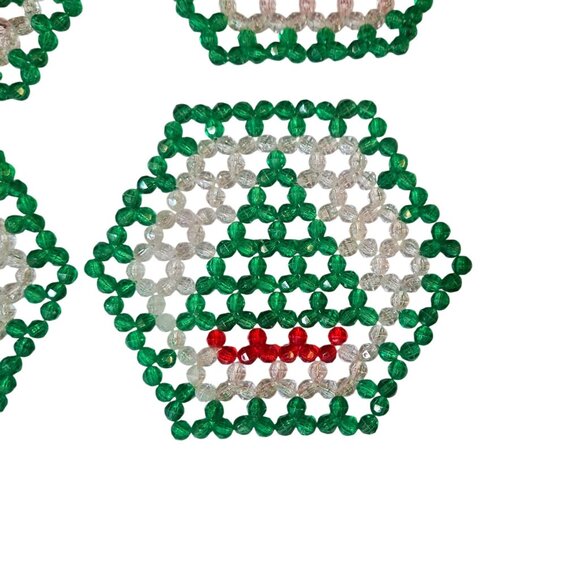 Vintage Beaded Christmas Tree Coasters Beaded Set Of 6 Green Red White - Picture 2 of 15